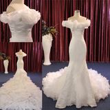 High-End Ruffle Mermaid off Shoulder Bridal Wedding Gown Long Train