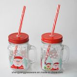 Decal Glass Cup /Mason Jar Mug with Matel Cover for Christmas Celebrate