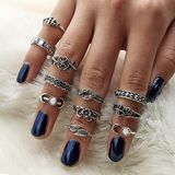 11PCS Boho Vintage Punk Antique Flower Carved MIDI Finger Rings