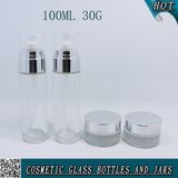 30g 100ml Clear Glass Cosmetic Bottle and Jar with Screw Sprayer Cap