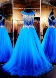 Blue Tulle Party Evening Gown Sheer Corset Crystal Prom Dresses E201645