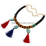 Bohemian Ethnic Handmade Braided Rope Beaded Necklace Resin Bead and Tassel Pendant Jewelry