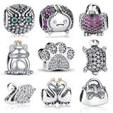 Original 925 Sterling Silver Crystal Stone Round Shape Pendant Fit Bracelet with Cubic Zirconia Charms Animals