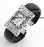 Fashion Women's Crystal Bangle Wrist Watch with Leather Bracelet