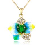 Fashion Jewelry Yellow Gold Chain Flower Enamel Crystal Pendant Necklace