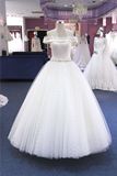 off Shoulder Satin Lace Floor Length Bridal Wedding Dress (Q90360)