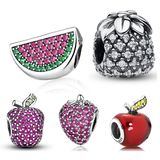 Fruit Charm Strawberry Watermelon Red Apple Pineapple Pave Crystal CZ 925 Sterling Silver Charm Fit Bracelet Jewelry Making