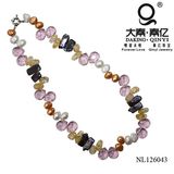 Colorful Biwa Pearl Necklace, Tear Drop Crystal Necklace, Frizzling Bead Necklace