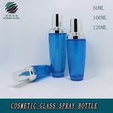 Custom Fashion Packaging Empty Silver Colored Aluminum Lid Blue Cosmetic Spray Lotion Water Glass Bottle with Pump