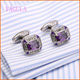 VAGULA Silver Plated Copper Wedding Fashion Purple Crystal Shirt Cufflinks